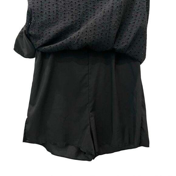 Romper Womens Medium Black Lace Eyelet V Neck Ruffle Strap Lined Shorts Summer - Picture 6 of 10